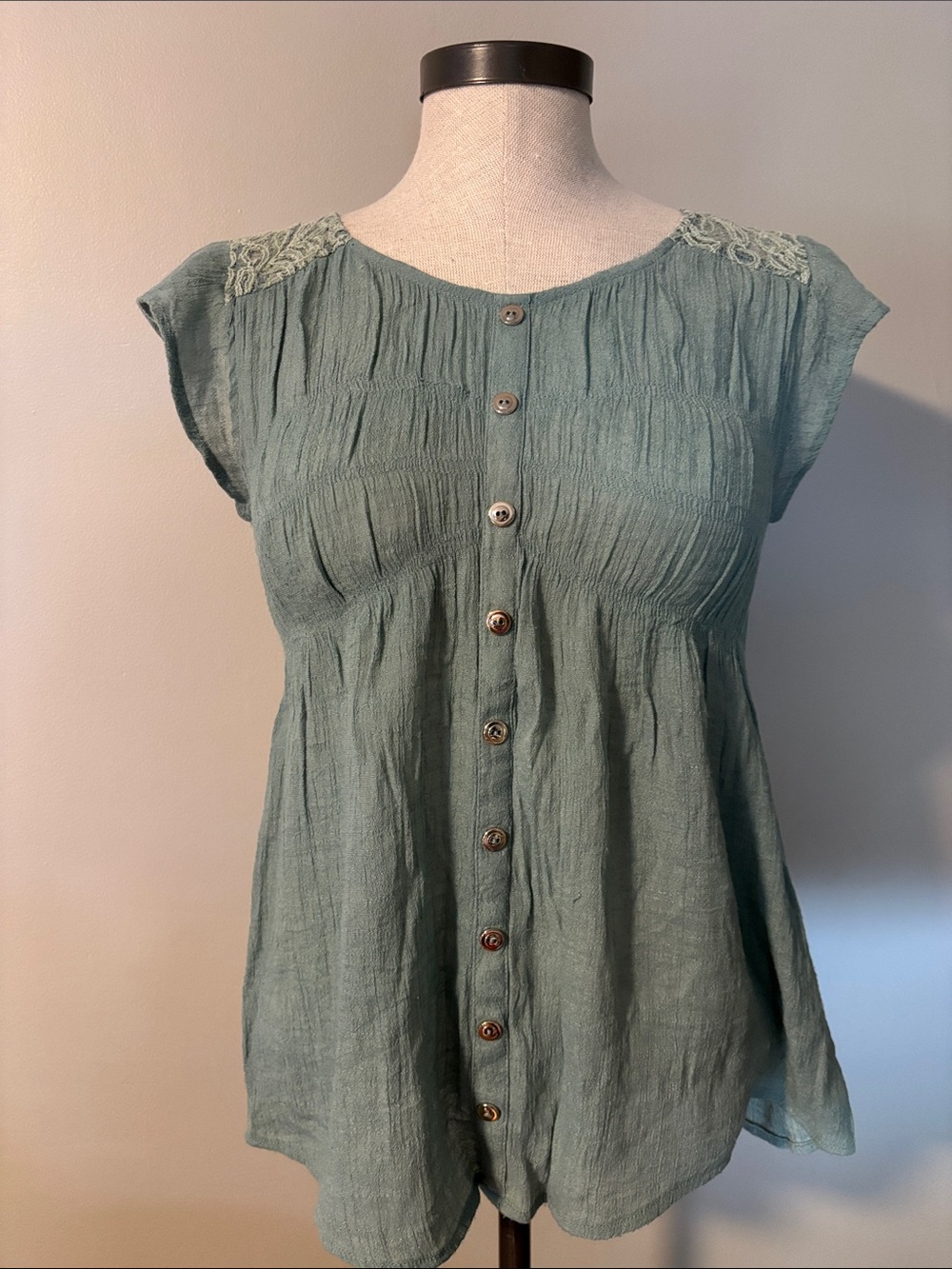 edge Sage Green Button-Front Cap Sleeve Blouse